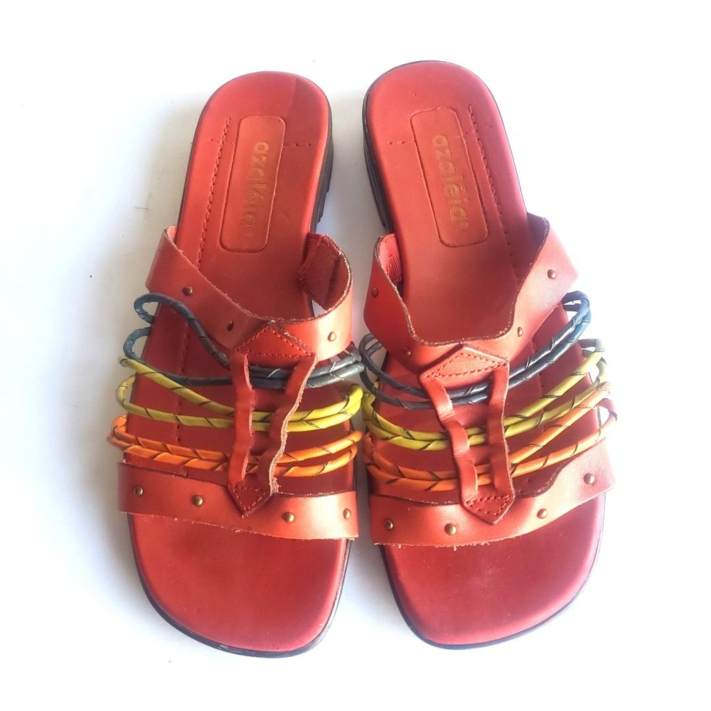 AZALEIA Womens Sandals 7.5 M Leather Open Toe‎ Red Boho Hippy Multicolor